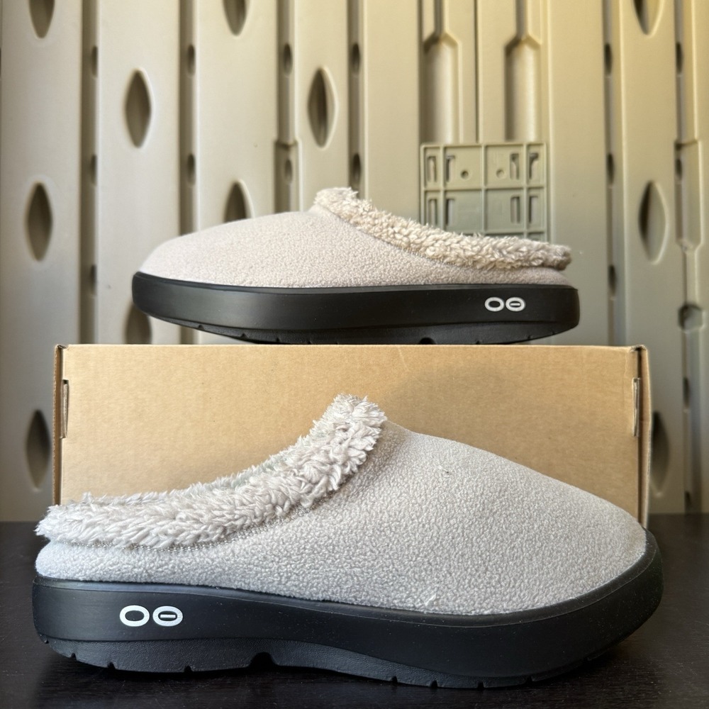 OOFOS OOcoozie Mule Beige Thawny Fleece Slip‎ On Recovery Shoes Men's Size 10